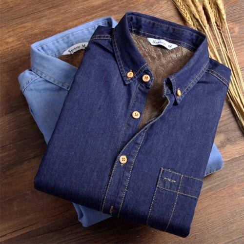 2021 Hot New Mens Winter Jeans Shirt Warm Fleece Lined Velvet Denim Shirts Bottoming Shirt Long Sleeves Comfortable Versatile