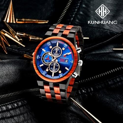 Kun Huang Casual Wooden Watch Men Luxury Stylish Wood Quartz Calendar Watches Chronograph Military Men clock Relogio Masculino