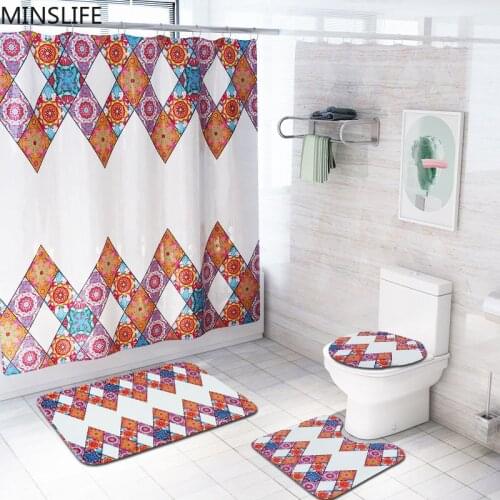 Geometric Pattern Bathroom Waterproof Shower Curtain Set Bohemian Style Non-slip Mats Bath Carpets Toilet Seat Cover Floor Mat
