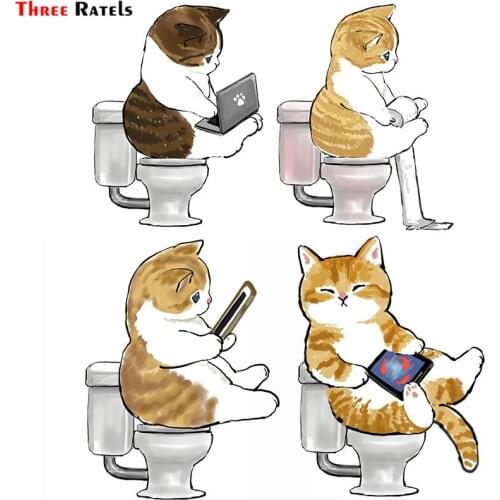 Three Ratels F244 Funny Cat Kitty On The Toilet Sticker For Refrigerator Laptop Luggage Childrens toy sticker Car Phone Decor