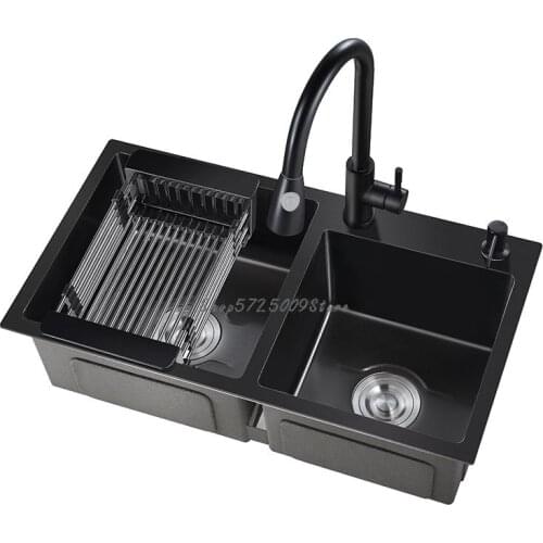 German Kitchen Sink Double Trough Black Nanometer 304 Stainless Steel Vegetable Wash Basin Manual Basin Wash Basin Household Sin