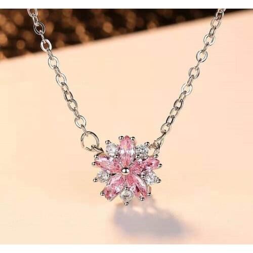 Wholesale 3 Romantic Sweet Pink Cherry Blossom Pendant Shiny Crystal Zircon Necklace Ladies Fashion Jewelry Gift New