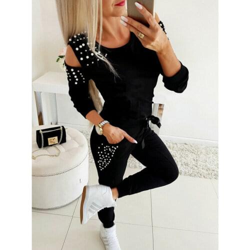 Autumn Winter New Fashion Womens Beading Long Sleeve Top + Pants Tracksuit Sweatshirt Jogger Running Suit Outfits