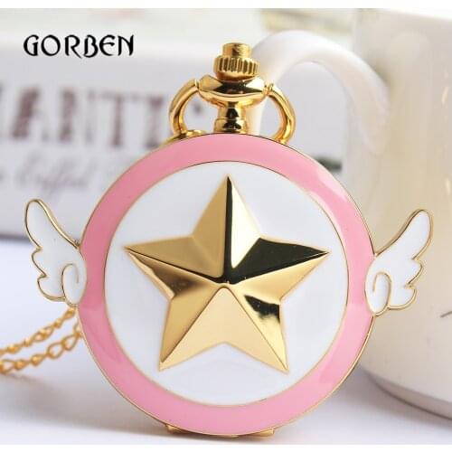 Lovely Pink Fashion Sailor Moon Quartz Pocket Watch Star Wings Fob Clock Necklace Chain Gifts For Men Girl Relogio DeBolso