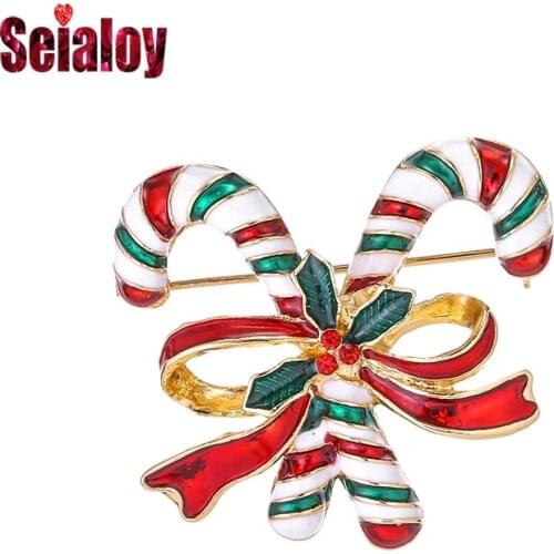 Seialoy Dropshipping Fashion Gold Brooches For Children Christmas Jewelry Red Green Stripes Xmas Crutch Brooch Party Brooch Pin