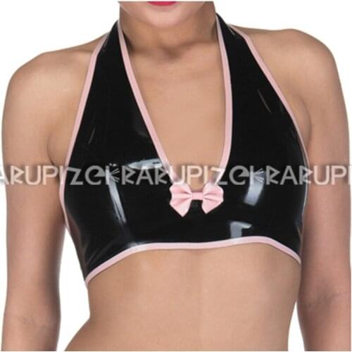 Black And Pink Sexy Latex Crop Top With B bows Halter Rubber Shirt Clothing YF-0187
