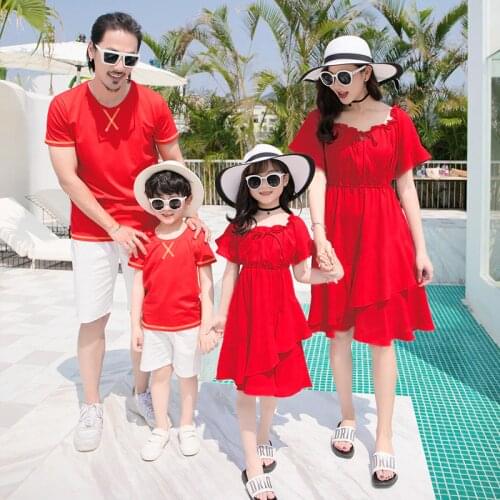 Family matching clothes father mother daughter son mom mommy and me clothes beach dress t-shirts pants couple family look wear M