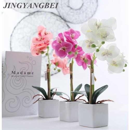 Silk Butterfly Orchid Ceramics Bonsai Artificial Flowers with Leaves Vase Set Home Decor Wedding Decoration Potted Plants