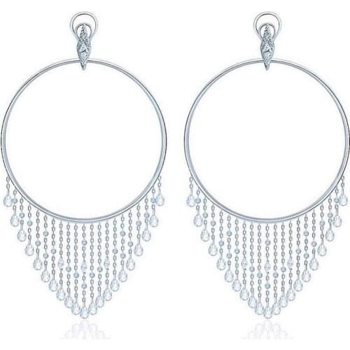 SLJELY Fashion Design Solid 925 Sterling Silver Large Circle Crystal Tassel Earrings for Women Luxury Party Jewelry Accessories