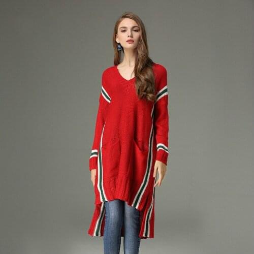Sweater Women Cotton V-neck Rushed Poncho Pullover Jumper 2018 Autumn Winter New Stripe Loose Sweater Long And V Collar Dress