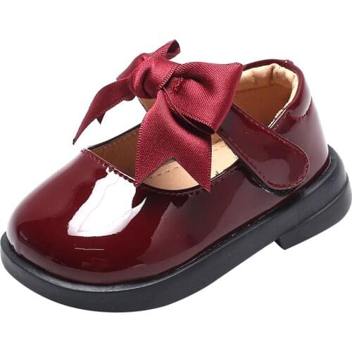 11.5-15.5cm Brand Lace Bowtie Patent Leather Girls Shoes,Wine Red Black Solid Pure Little Princess Dress Shoes For 0-3Years Baby