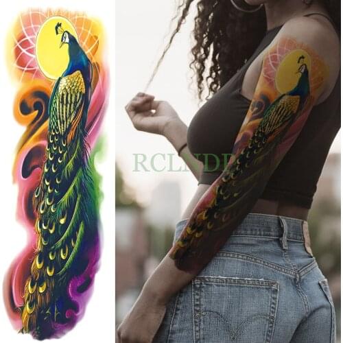 Waterproof Temporary Tattoo Sticker Peacock full arm fake tatto Feather animal flash tatoo sleeve large size for men women lady