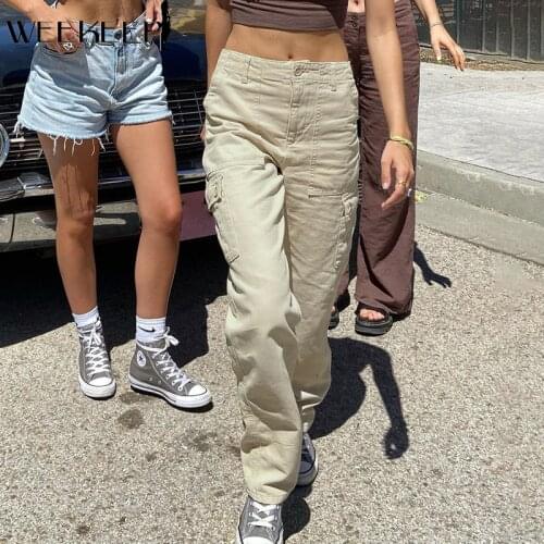 Weekeep Women Streetwear Baggy Cargo Jeans Vintage High Waist Pocket Patchwork Denim Pants Autumn Straight Leg Trousers Harajuku