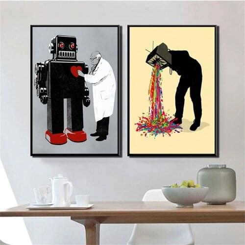 Funny Canvas Painting The Old Doctor and The Caring Robot Posters Prints Cartoon Picture for Living Kids Room Home Decor Cuadros