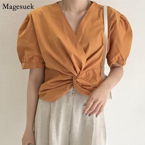 Korean Chic Cross Puff Short Sleeve Woman Shirt Summer V Neck Tops Solid Women Blouses Office Lady Loose Shirts Female New 14092