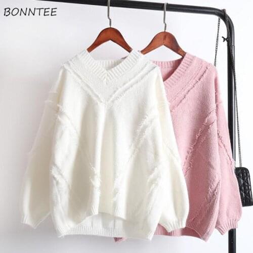Sweaters Women Lovely Candy Color Ulzzang Solid V-neck Autumn Chic Femme Sweater Soft All-match Loose Fashion Womens Clothing