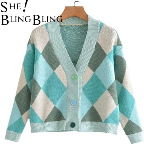 SheBlingBling Za Woman Diamond Print knit Traf Cardigans Jacket Autumn Winter Sweaters Casual V-neck Sweaters Female Sweet Coats