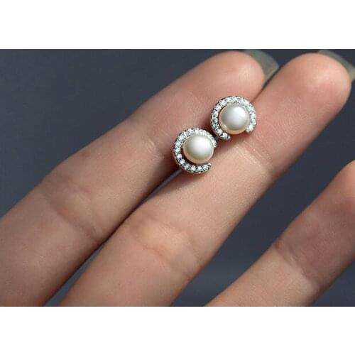 1pair 100% Real. 925 Sterling Silver Fine Jewelry White Freshwater pearl with half round cz stone set Stud earrings gtle1787