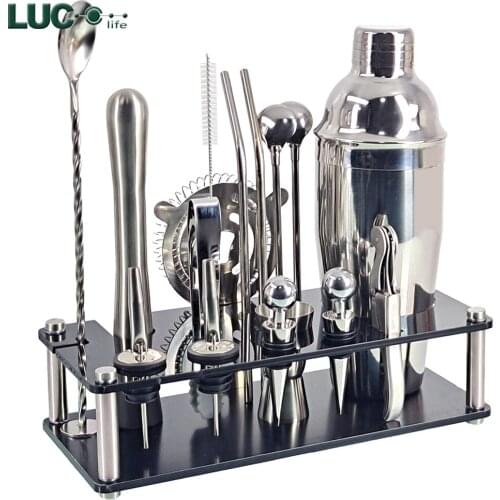 17 Pcs/set 750ml Stainless Steel Cocktail Shaker Mixer Drink Bartender Browser Kit Bars Set Tools With Wine Rack Stand