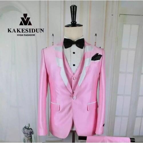 3PC Suit Men Brand New Slim Fit Business Formal Wear Tuxedo Patchwork collar design Mens Suits Casual Costume Homme 46-56 Pink