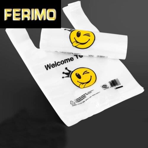 50pcs/lot clear plastic carry bag smiley face plastic bags Welcome to you supermarket shopping packing bags with handles large