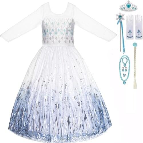 Snow Queen 2 White Girls Anna Elsa Dress Halloween Costume Christmas Children Gowns Infant Chrismas Kids Holiday wig