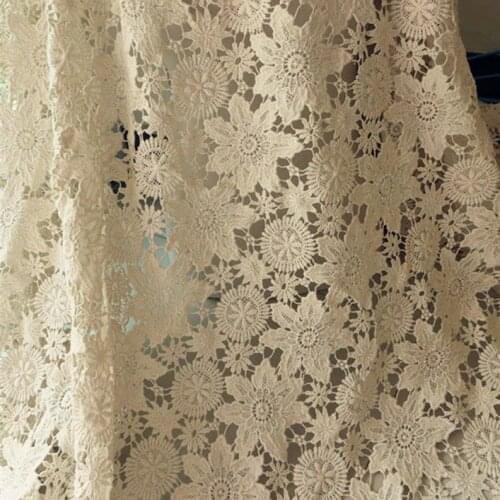 Beige Floral Cotton Guipure Fabric Double sides Scalloped edge Vintage Solid Fabric for Bridal dress Special Occasion