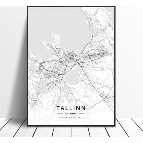 Black and White Tallinn Estonia White Latitude Longitude Canvas Art Map Poster