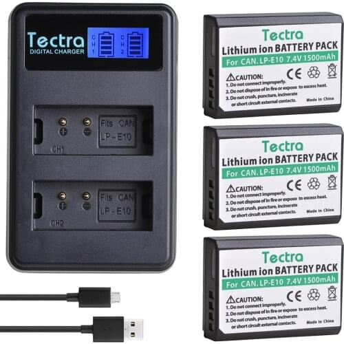Tectra for Canon 3pc 1500mAh LP-E10 LPE10 Battery for Canon EOS 1100D 1200D 1300D 2000D Rebel T3 T5+LCD Dual Charger