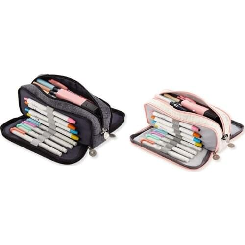 ANGOO 2 Pcs Large Pencil Case Big Capacity 3 Compartments Canvas Pencil Pouch, Black & White-Pink