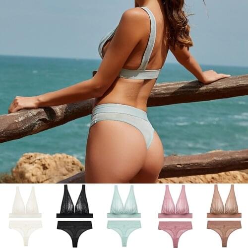 FINETOO Women Sexy Mesh Bra Set Push Up Brassiere + Gstring Woman Tank Tops Underwear Sets Swimwear Girl Perspective Lingerie