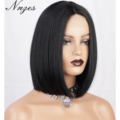 NNZES 12inches Short Straight Black Wig Middle Part Synthetic Wigs for Women Brown Red Bob Wigs Heat Resistant Fiber