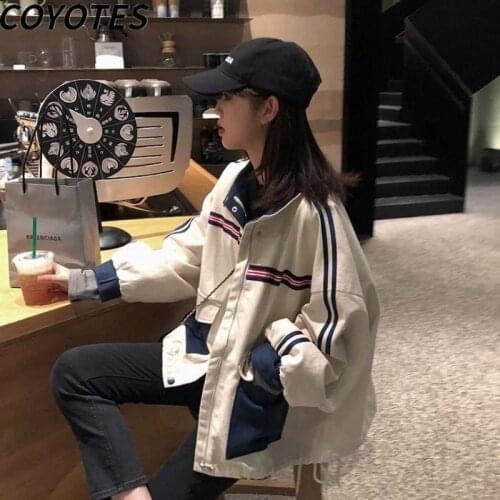 COYOTES Jackets Women Striped Patchwork Jacket Womens Coats Stand Collar Zipper Pockets Harajuku BF Daily Outwear Casual Loose