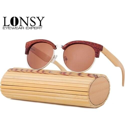 LONSY Fashion Round Sunglasses Handmade Bamboo Sunglasses Men Wood Sunglasses Women Brand Design Vintage Cat Eye Glasses