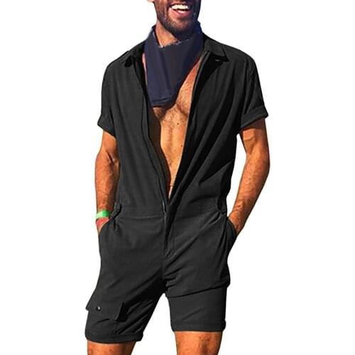 Men Clothes Overalls Sexy Casual Zipper Lapel Short Sleeve Romper One-Piece Jumpsuit Pocket Streetwear Cool Loose Summer Male