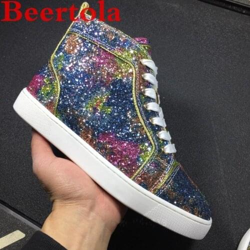 Glitter Sequined Cloth Casual Men Shoes High Top Starry Sky Pattern Sneakers Men Mixed Color Shiny Autumn Flats Shoes Masculine