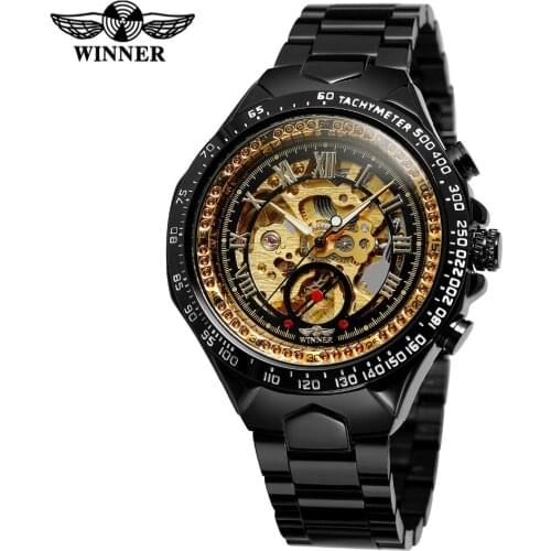 T-Winner Mens Unique Design Beautiful Skeleton Dial Automatic Movement Durable Stainless Steel Bracelet Wristwatch WRG8067M4