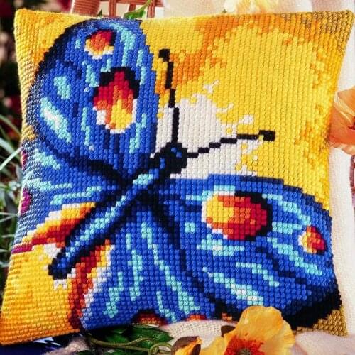 DIY Cross Stitch Cushion Cover Blue Butterfly Needlepoint Kits Printed Canvas Chunky Yarn Cross-stitch Pillow Case Arts & Crafts