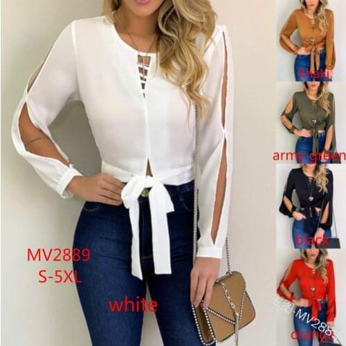 New womens clothing European and American fashion tied knot waist long sleeve hollow short top