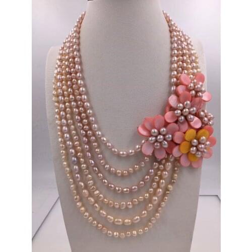 6rows freshwater pearl pink & shell flower necklace 18-22inch nature gift baroque wholesale beads FPPJ