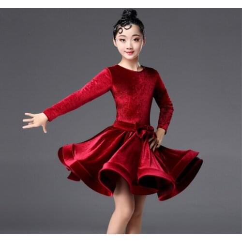 Kids Dresses for Girls Long Sleeve Latin Dance Dress Velvet Ballroom Competition Party Stage Performance Practice Costumes