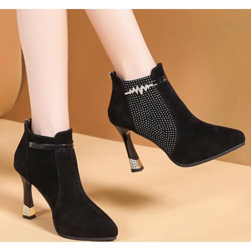 Rimocy Fashion Crystal Thin High Heels Ankle Boots Women Autumn Flock Pointed Toe Boots Woman Warm Zipper Short Plush Booties