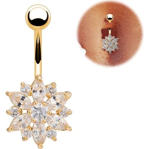 Luxury Earrings in Navel 316L Stainless Steel Green Flower Crystal Navel Bars Gold Belly Button Ring Navel Piercing Jewelry