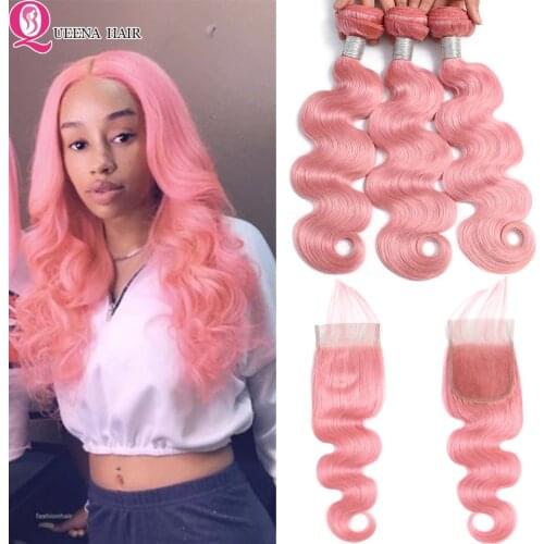 Pink Bundles With Closure Colored Brazilian Human Hair Weave Bundles With Closure Pink Body Wave Bundles With Closur Queena Hair