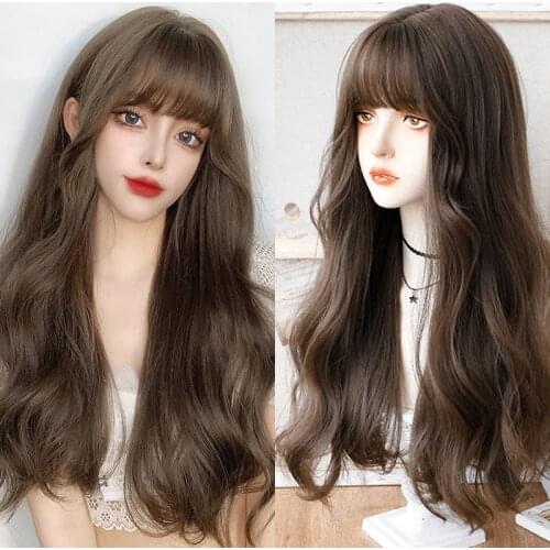 Synthetic Brown-black/Cold Brown Long Wavy Wig With Bangs Synthetic Heat-resistant Fiber Wig For Women