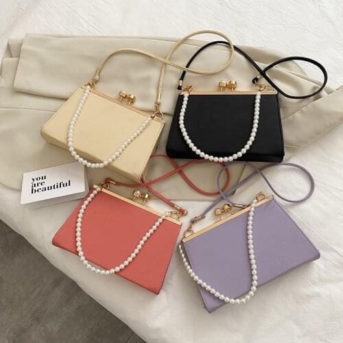 Casual PU Leather Clip Womens Shoulder Bags Fashion Pearl Handle Ladies Evening Clutch Purse Simple Solid Color Handbags