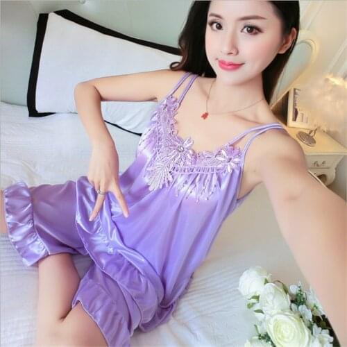 2022 Plus Size Summer Ice Slik Pajamas Set Lace Trim Pijama Short Pant Sexy Cami Bridal Sleepwear For Women AD375