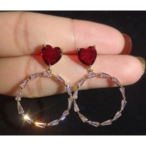 S925 Sterling Silver Needle Red Heart Big Circle Earrings Gold Tone Pave Top CZ Fashion Stud Earrings For Women OL Jewelry