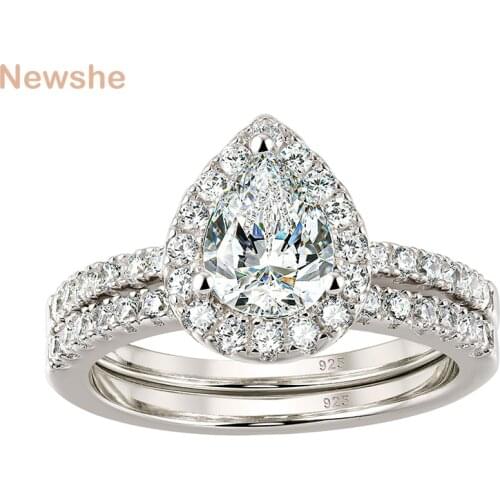 Newshe Solid 925 Sterling Silver Halo AAAAA Cubic Zircons Pear Shape Engagement Ring Wedding Bands For Women Bridal Set