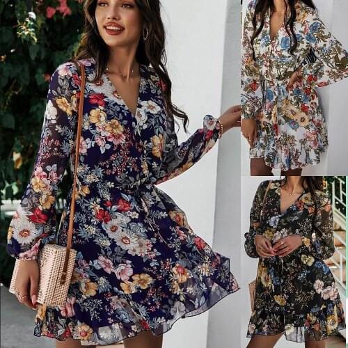 Women Dress Simple V-Neck Flower Print High Dress Ladies Party Princess Vestidos 2021 Summer